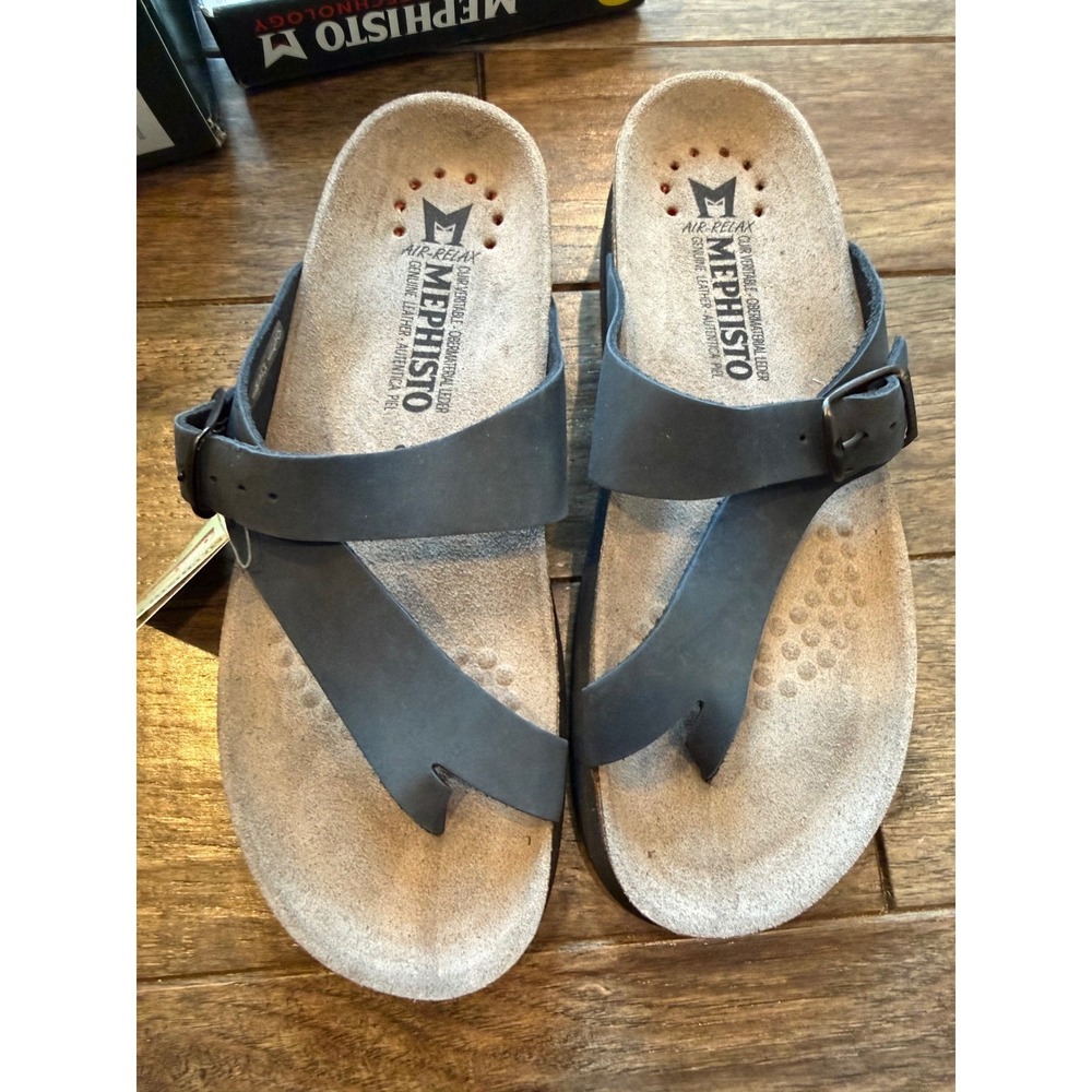 Mephisto Helen Sandals Women 37 Navy Blue Leather Cork Footbed Soft-Air Slide